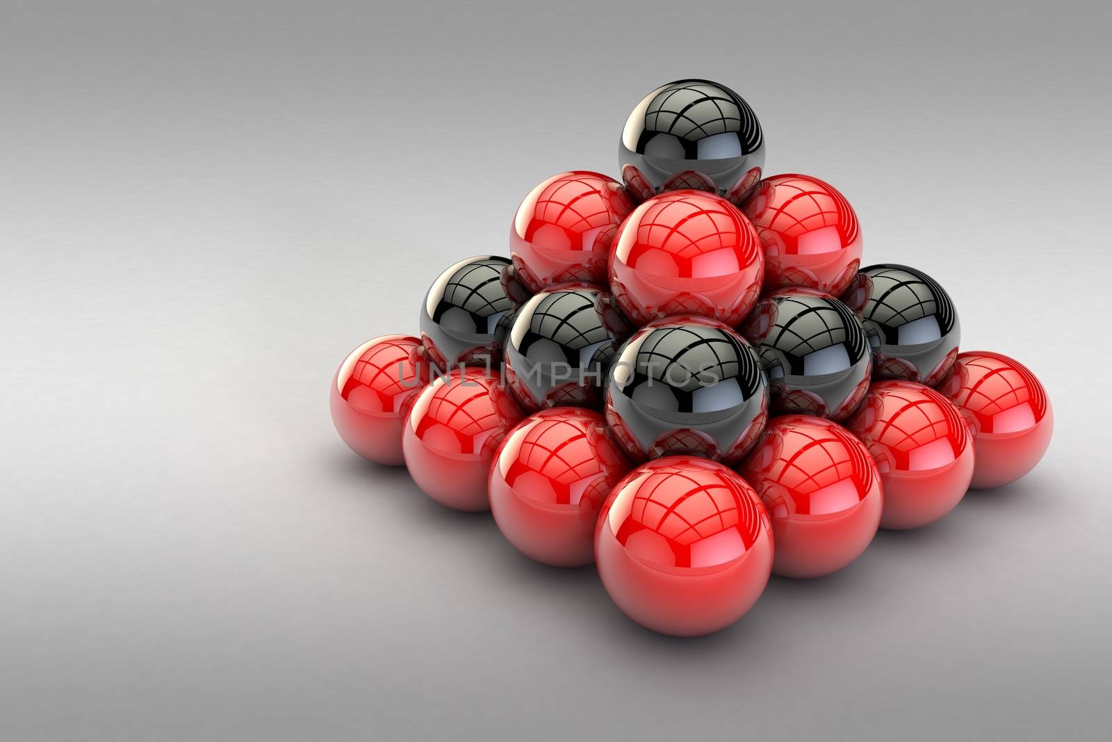 3D image of a pyramid of red and black balls in empty space