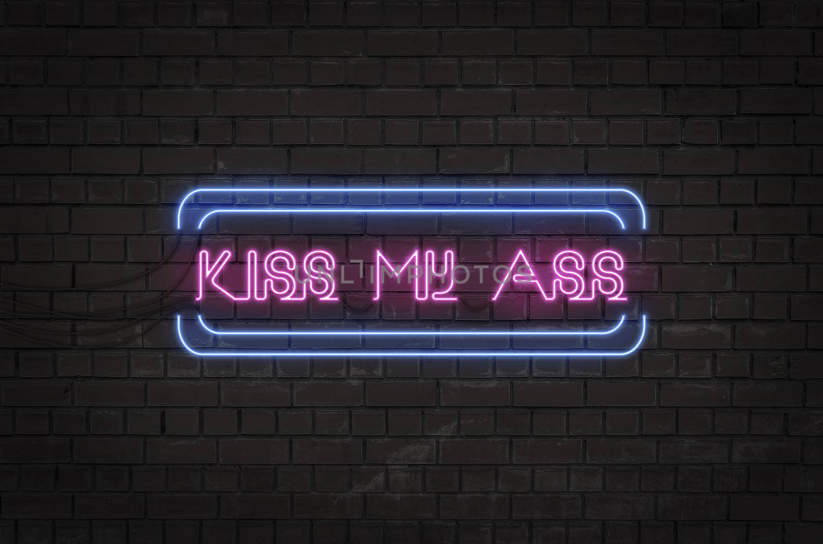 Illustration of a neon sign on a brick wall with the text "Kiss my ass"