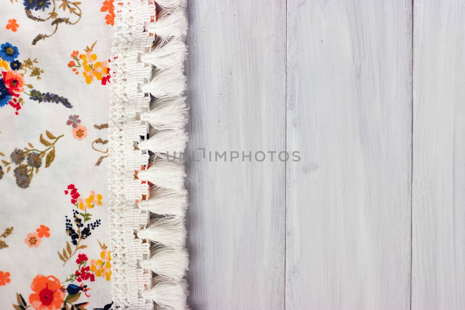 Shabby chick, floral fabric on white wooden background by Mima_Key