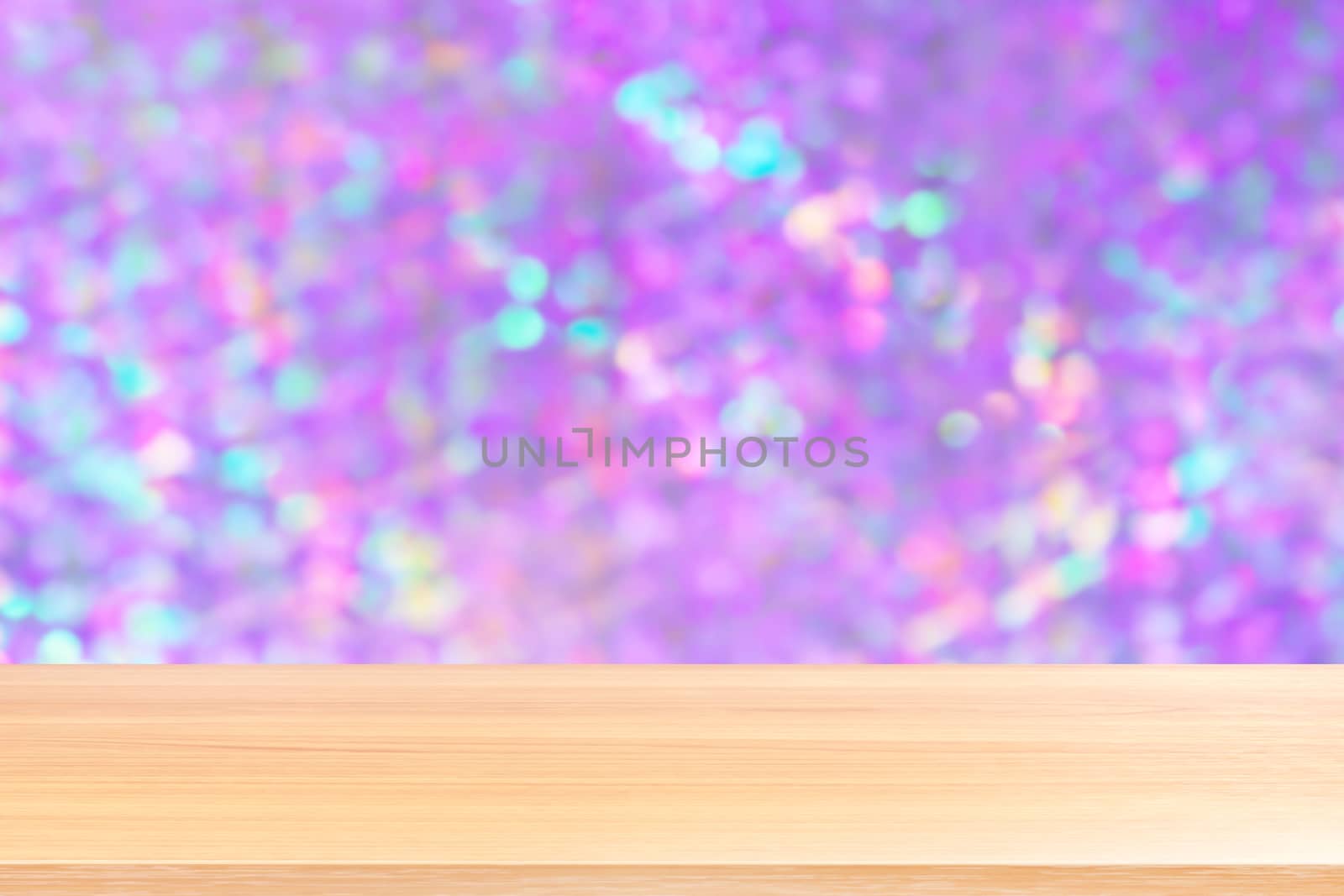 wood table board empty in front, wooden plank blank on bokeh violet purple luxurious background, perspective brown wood table front for mock up display products by cgdeaw