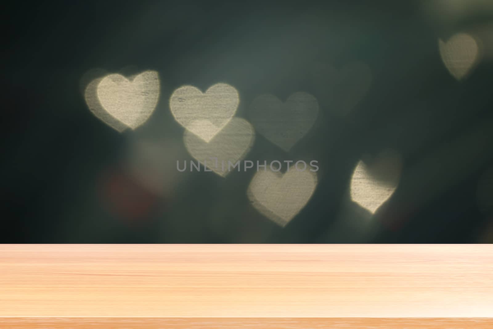 wood plank on lighting soft heart shaped bokeh for valentine background, empty wood table floors on heart shape bokeh night light multi color background, wood table board empty on bokeh heart shape
