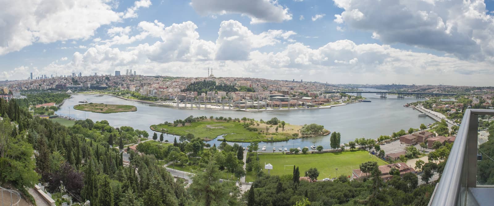 Aerial panoramic view over the Bosphorus river and Istanbul Turkey from the famous Pierre Loti Cafe