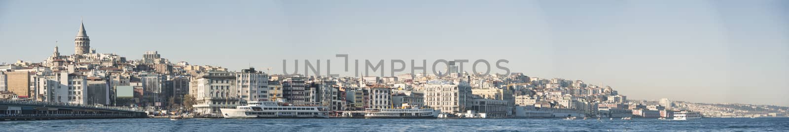 Panoramic cityscape over the Bosphorus River in Istanbul Turkey with a large residential area and Galata Tower
