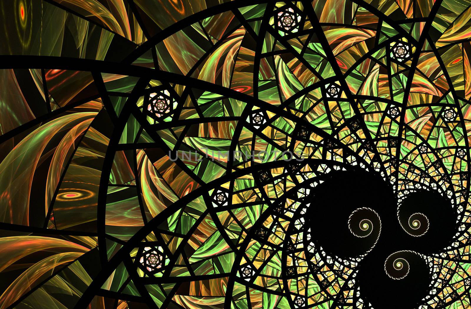 An abstract computer generated modern fractal design on dark background. Abstract fractal color texture. Digital art. Abstract Form & Colors. Abstract fractal element pattern for your design. Spiral yello and green mosaic fractal pattern