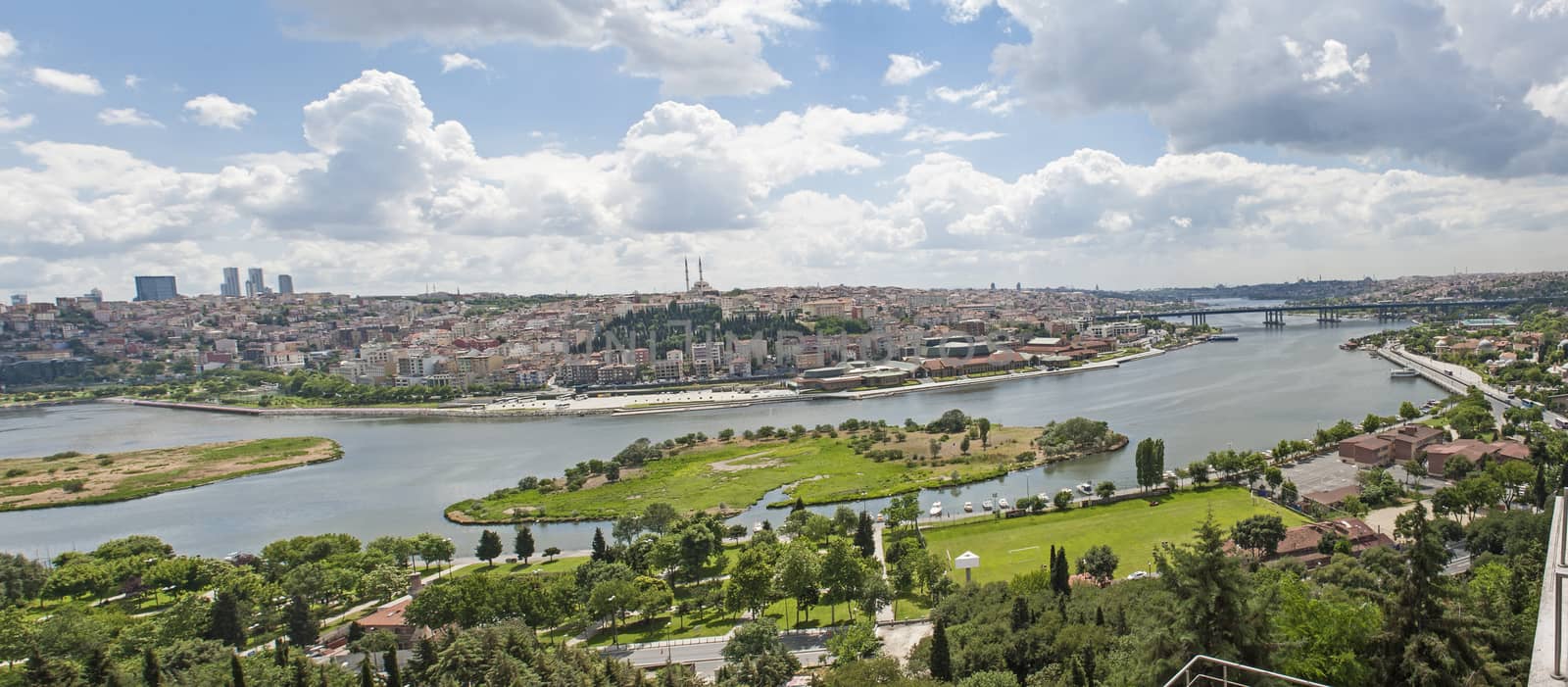 Aerial panoramic view over the Bosphorus river and Istanbul Turkey from the famous Pierre Loti Cafe