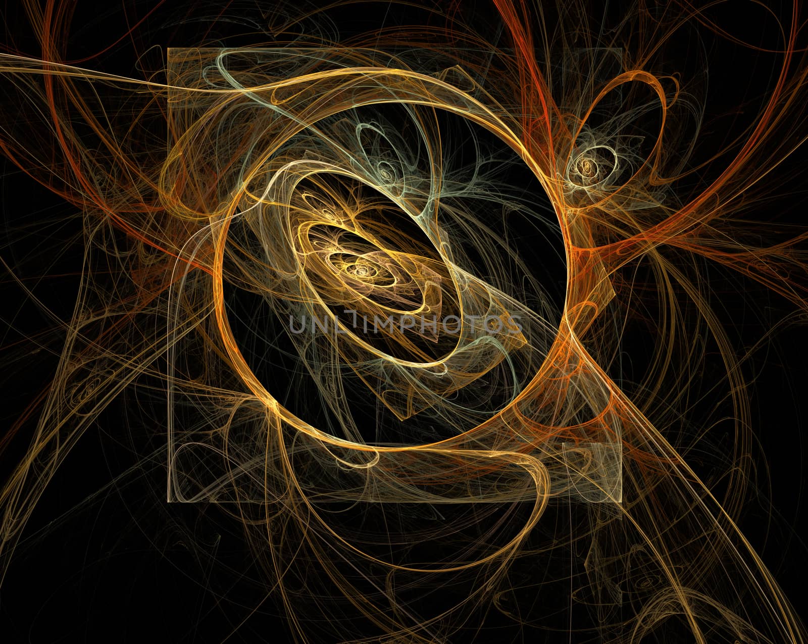 An abstract computer generated modern fractal design on dark background. Abstract fractal color texture. Digital art. Abstract Form & Colors. Dance of fire neon lights in dark spiral cave. Squaring the circle