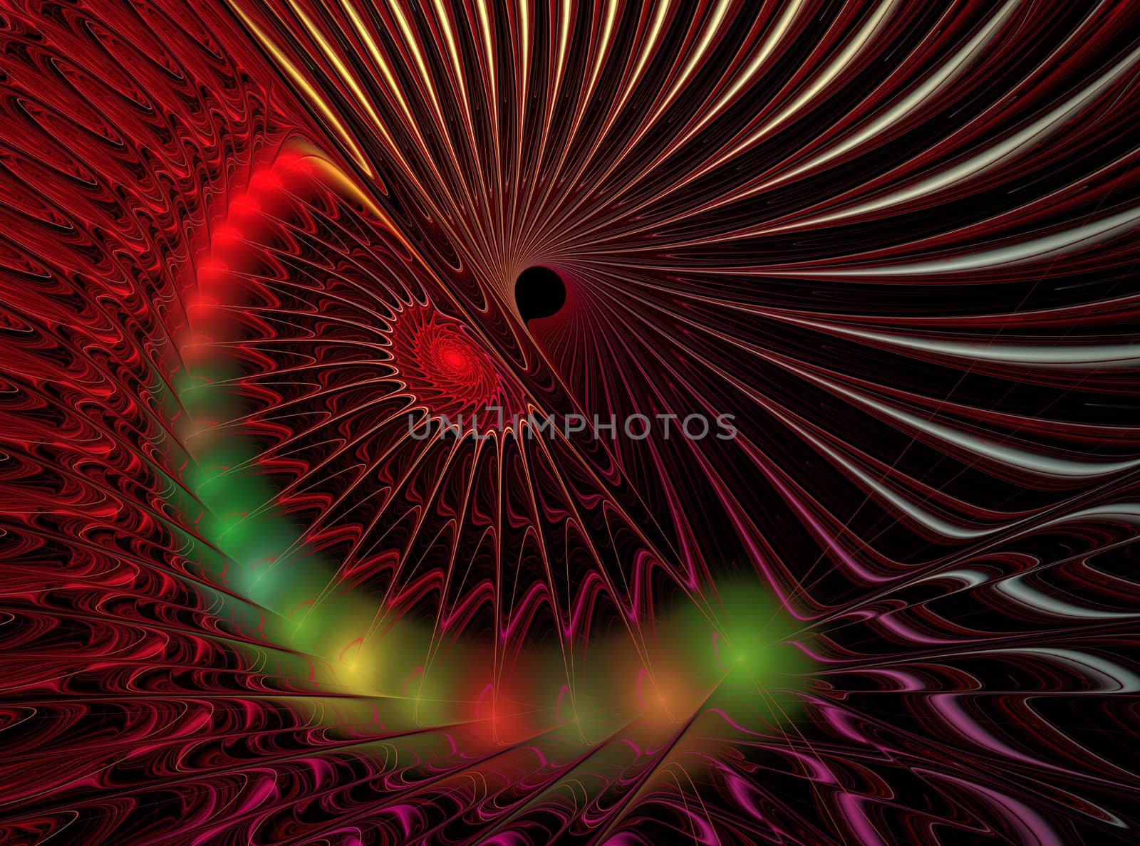 An abstract computer generated modern fractal design on dark background. Abstract fractal color texture. Digital art. Abstract Form & Colors. Green shiny spiral pattern around black hole