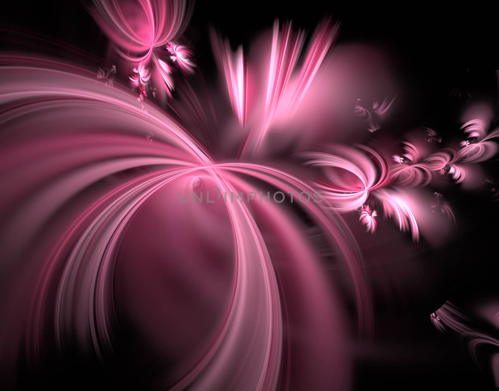 An abstract computer generated modern fractal design on dark background. Abstract fractal color texture. Digital art. Abstract Form & Colors. Fluffy spiral with glowing rays