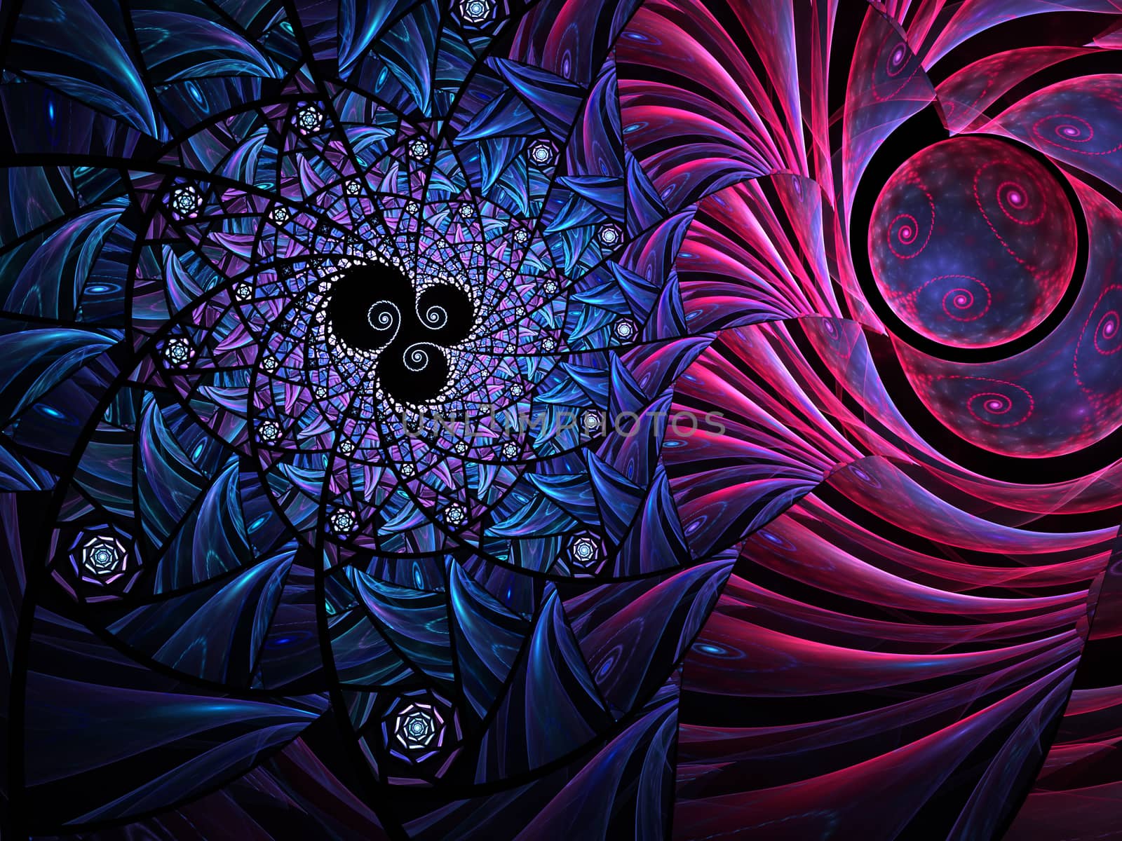 An abstract computer generated modern fractal design on dark background. Abstract fractal color texture. Digital art. Abstract Form & Colors. Abstract fractal element pattern for your design. The reunion of two worlds