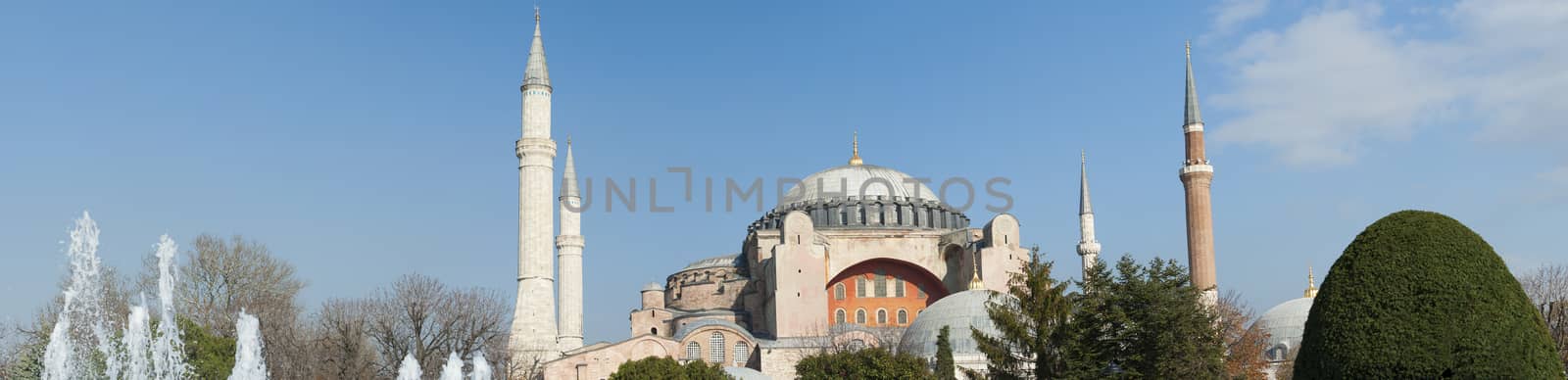 Panoramic exterior view of the famous Hagia Sophia museum in Sultanahmet district of Istanbul Turkey
