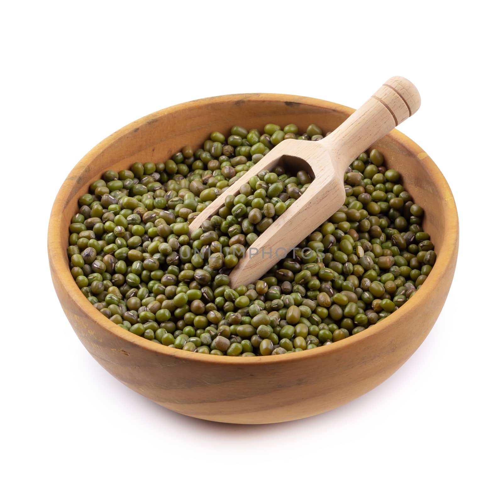 Raw mung bean or green bean in a wooden bowl isolated on white background.