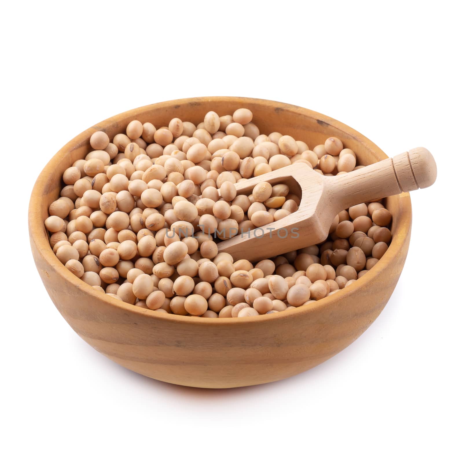 Soybean in a wooden bowl isolated on white background.
