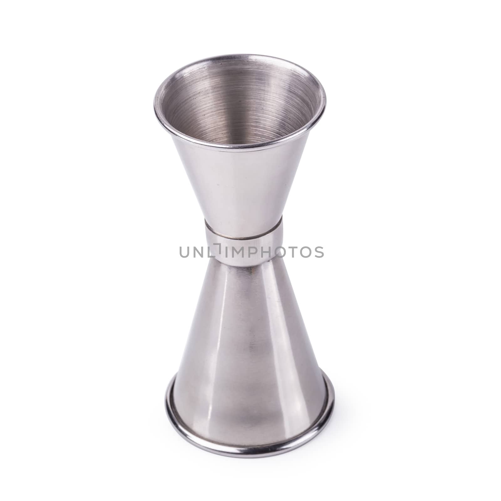 Stainless steel measurement cup for beverage and cooking isolated on a white background.
