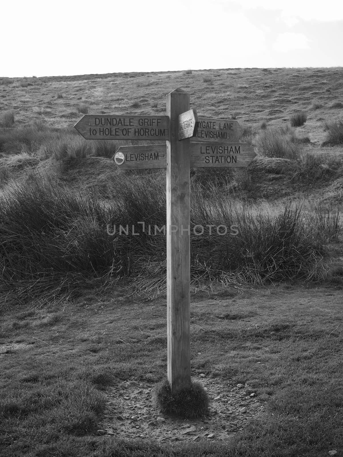 Signpost on walking paths shot in black and white by PhilHarland