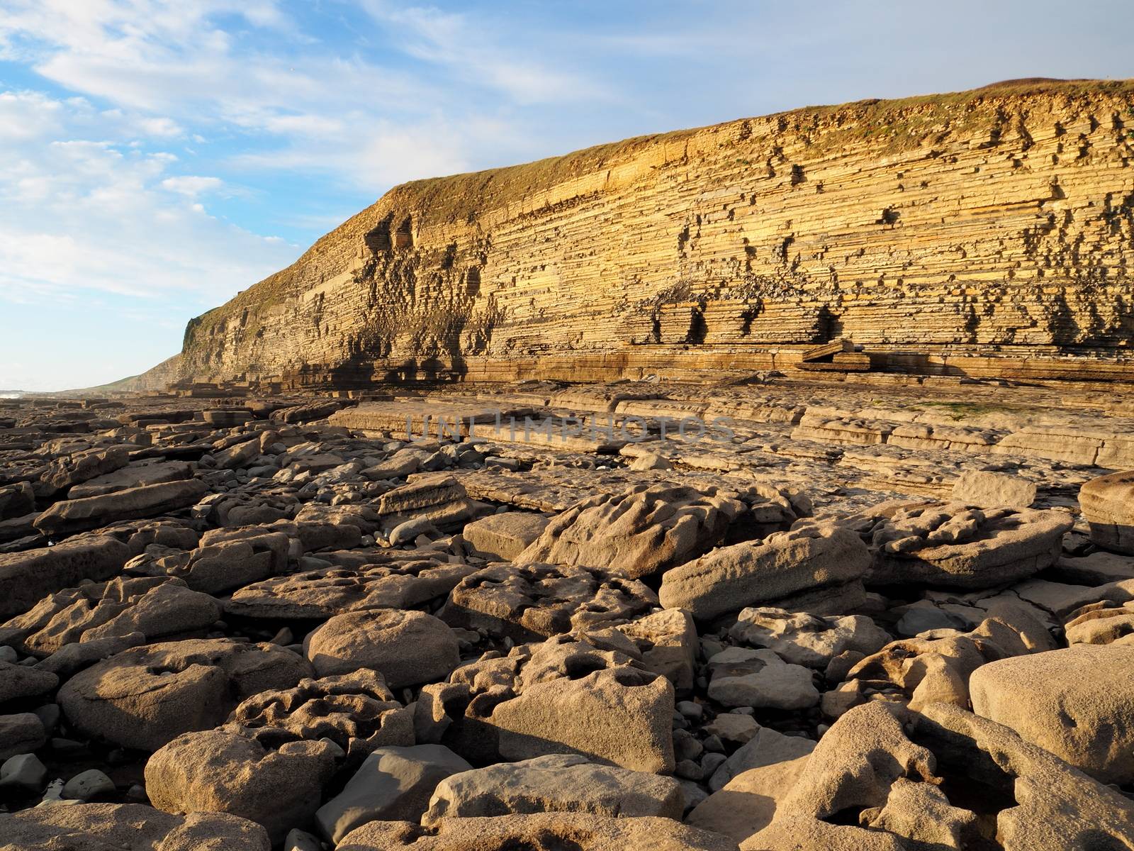 Carboniferous layers of limestone and shale cliffs at Dunraven Bay, Vale of Glamorgan, South Wales which was also used in the Doctor Who TV Series as Bad Wolf Bay