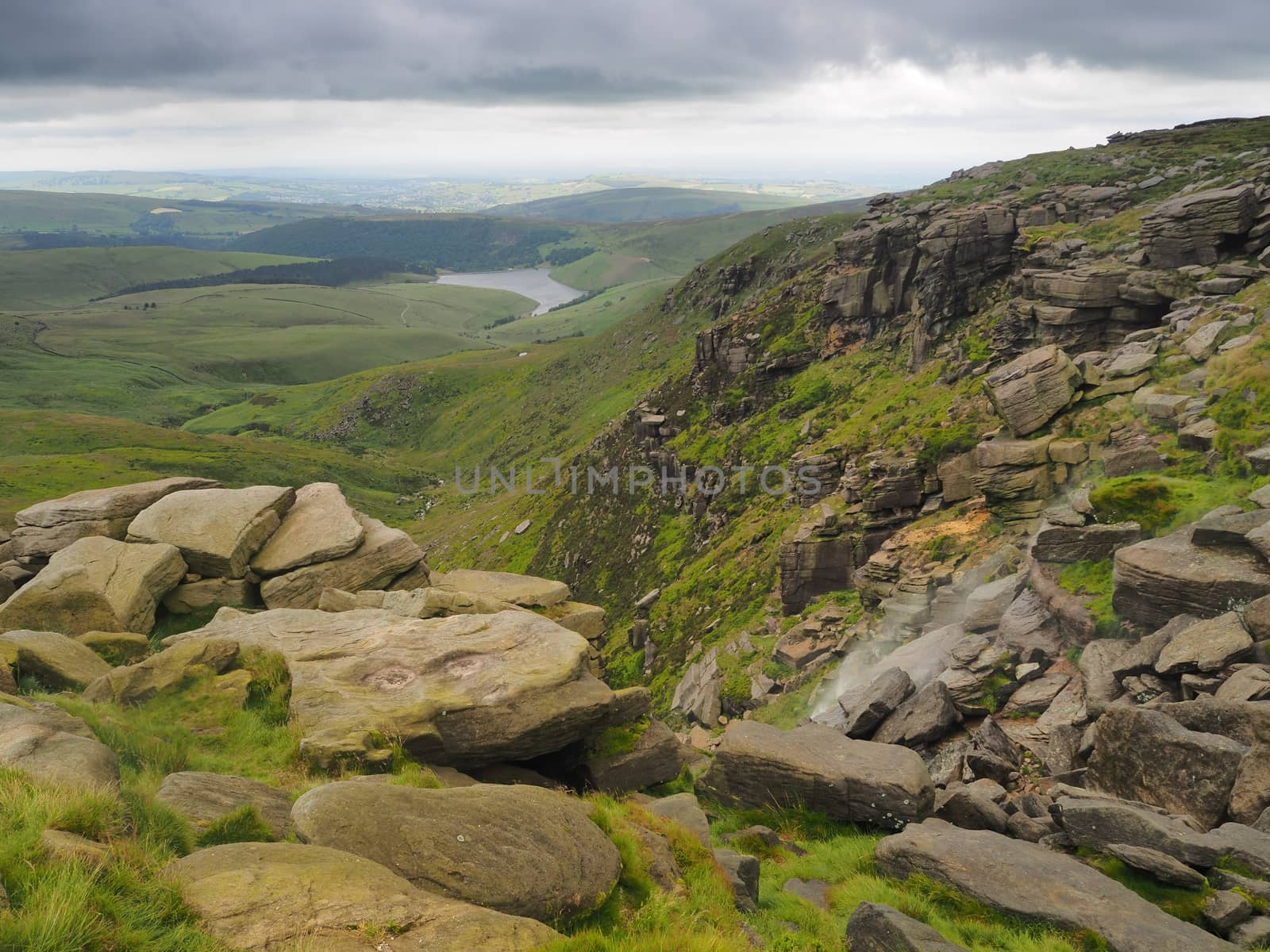 Kinder Downfall overlooking Kinder Reservoir with the wind blowing the waterfall back into the air against dark storm clouds overhead, Peak District National Park, UK