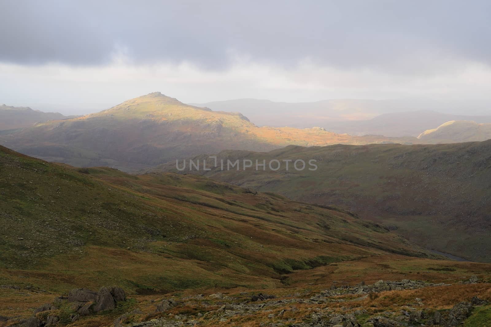 Sunlight on Lake District mountain with overcast sky lighting up Autumn colours by PhilHarland