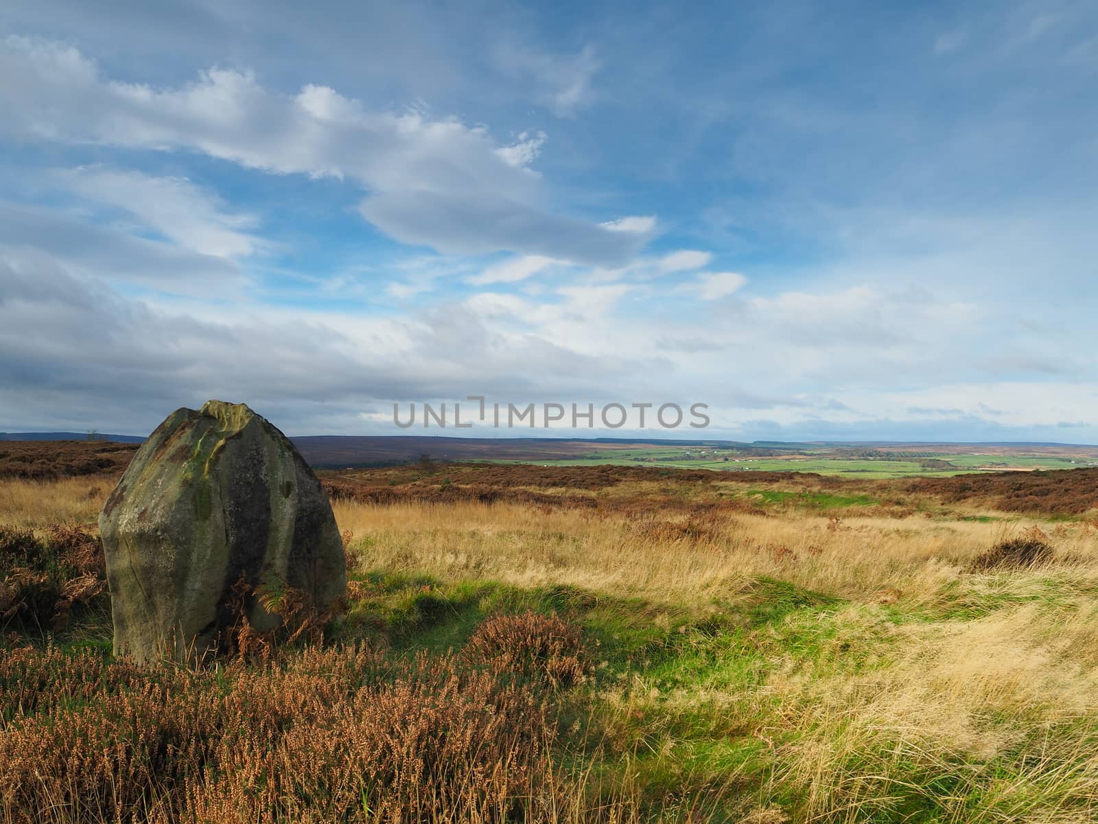 Solitary rock with views over Howdale Moor with scenic sky in the North York Moors National Park, Yorkshire, UK