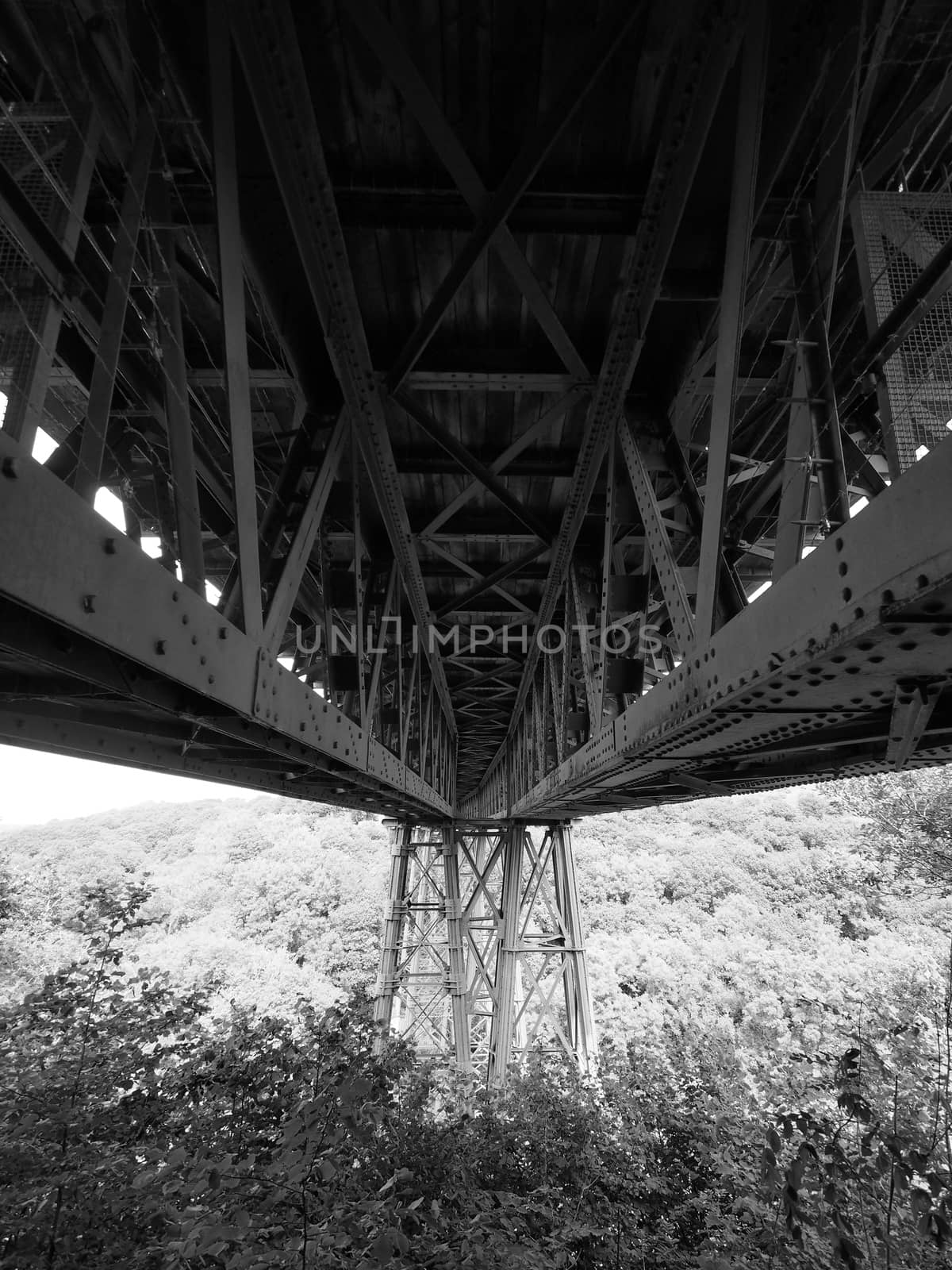 Looking underneath the Victorian wrought iron Meldon Viaduct, disused railway line and part of the Granite Way, shot in monochrome, Dartmoor National Park, Devon, UK