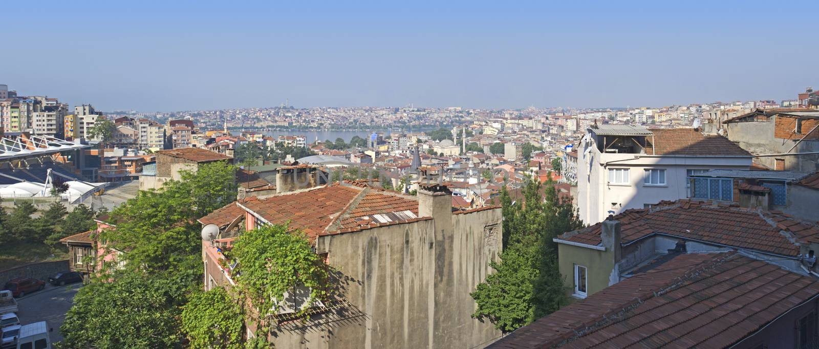 Panoramic view over an urban area of a large city with a river