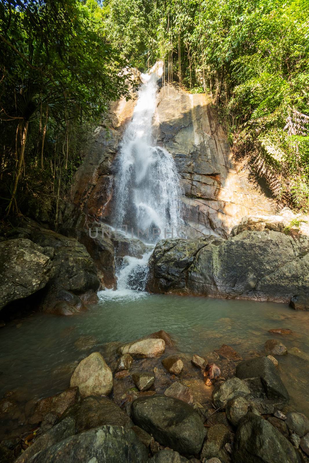 Secret tropical waterfall in jungle on a Samui island