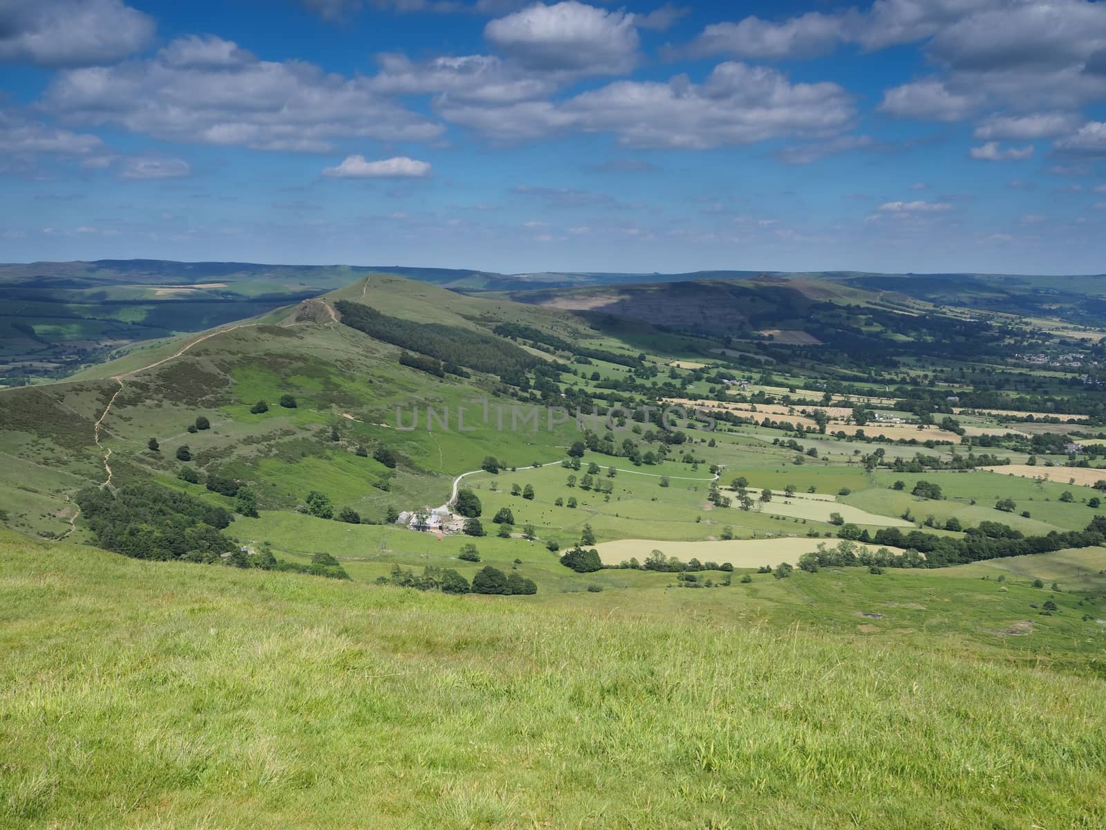 View from Mam Tor over Edale and Hope valleys with Back Tor and Lose Hill in the background, Peak District National Park, UK