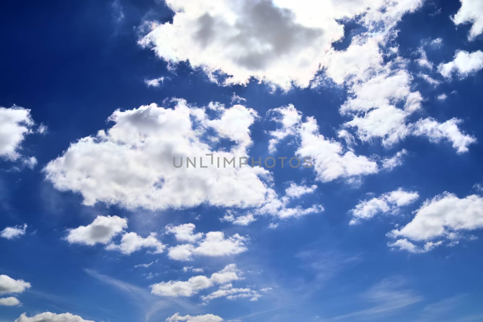 Beautiful fluffy white beautiful cloud formations in a deep blue summer sky