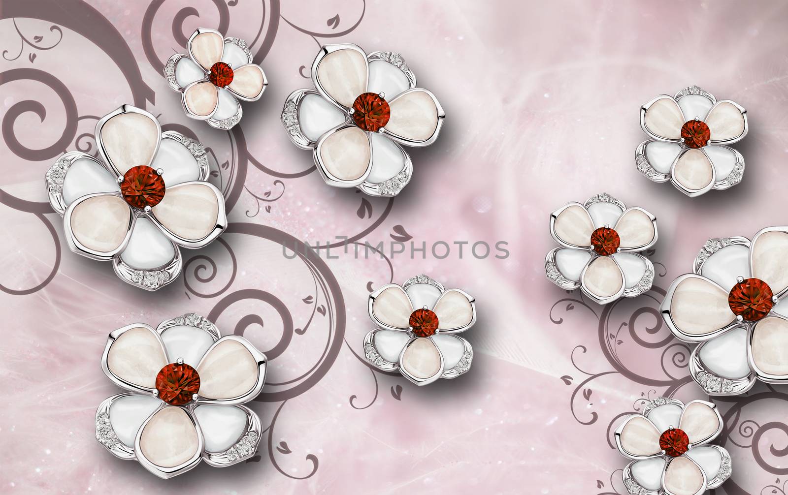 3D wallpaper luxury floral jawelry red ornament