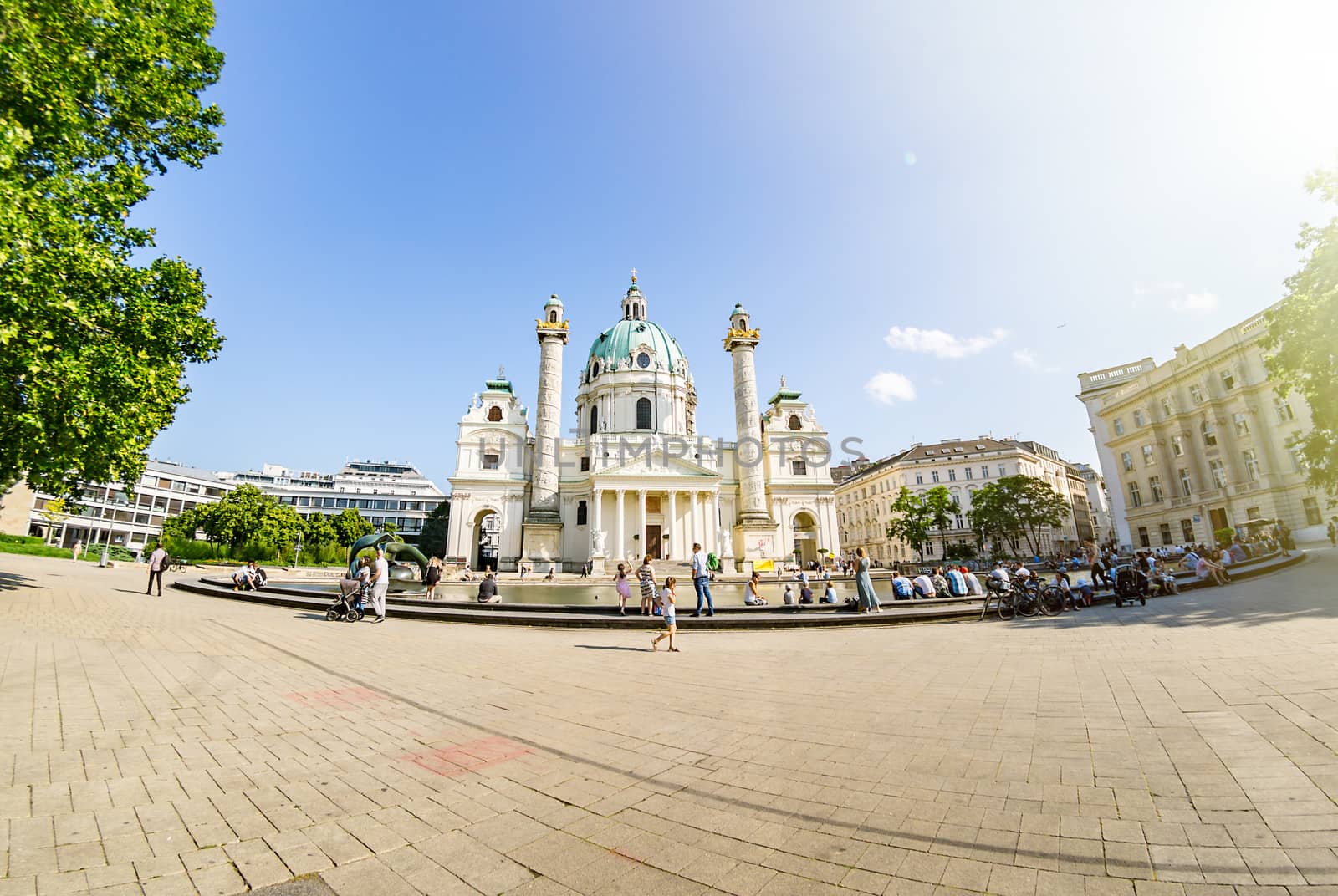 Vienna, Austria - June 7 2019: Wide Angle St. Charles Church (Karlskirche), is a baroque church located on the south side of Karlsplatz in Vienna, Austria. Widely considered the most outstanding baroque church.