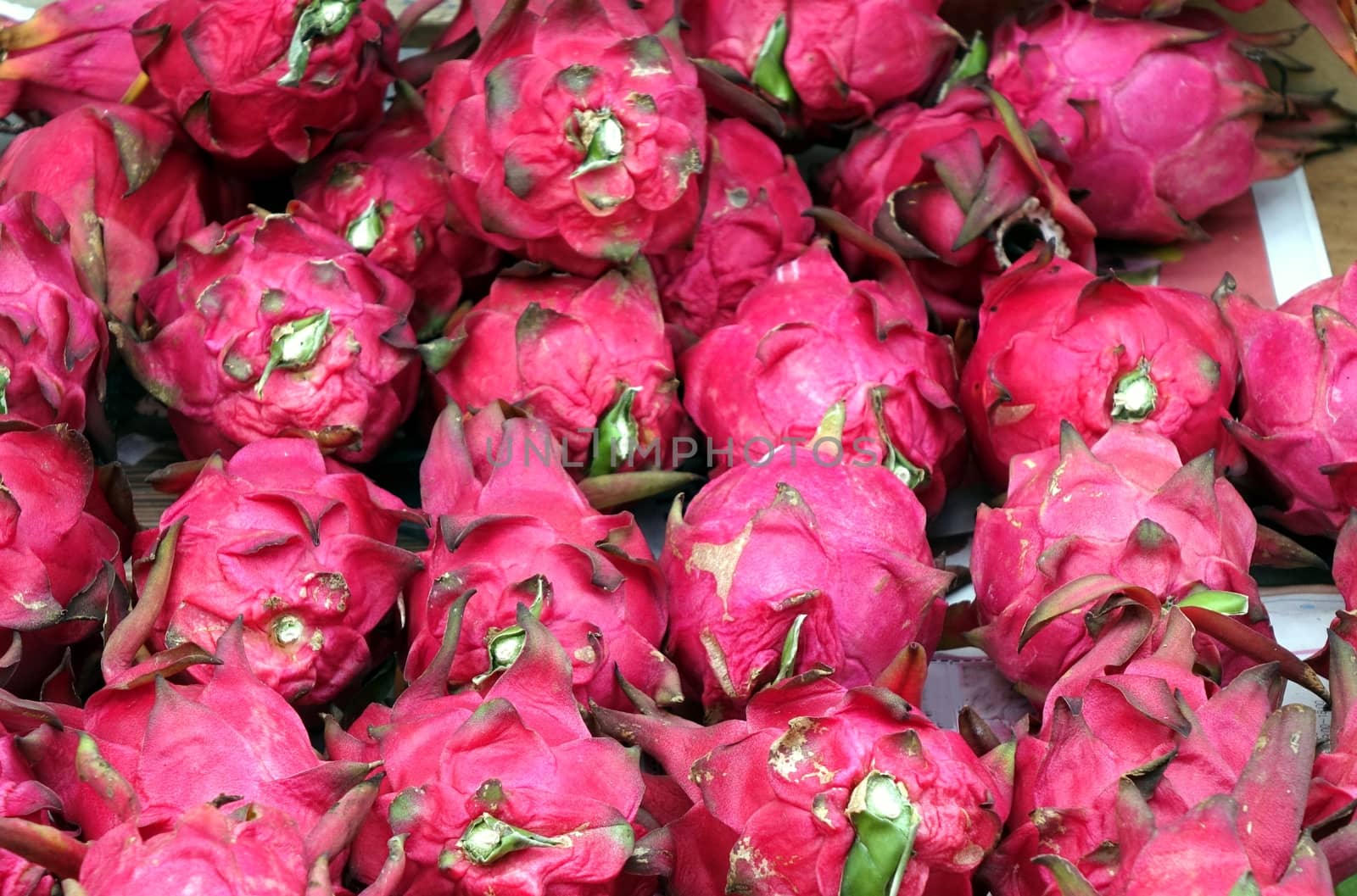 Dragon fruits or pitahaya as they are also called for sale at a market in Taiwan