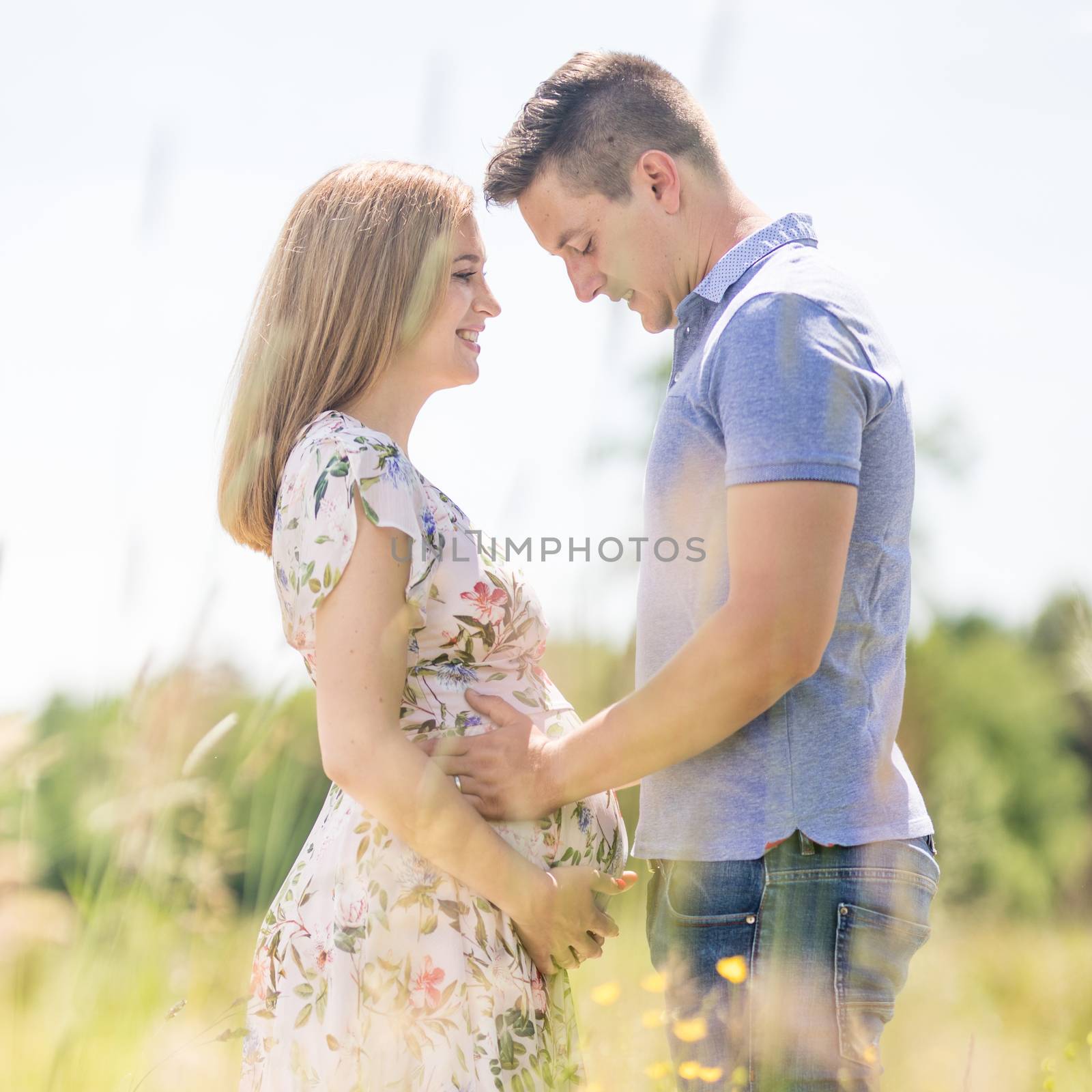 Young happy pregnant couple hugging in nature. Concept of love, relationship, care, marriage, family creation, pregnancy, parenting