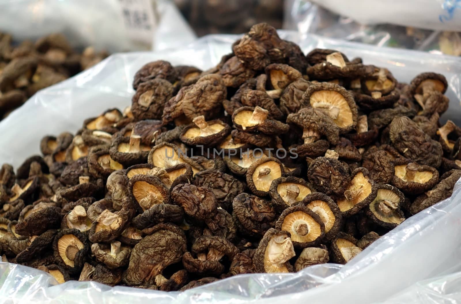 Dried shiitake mushrooms are for sale at a Chinese dry goods market. 