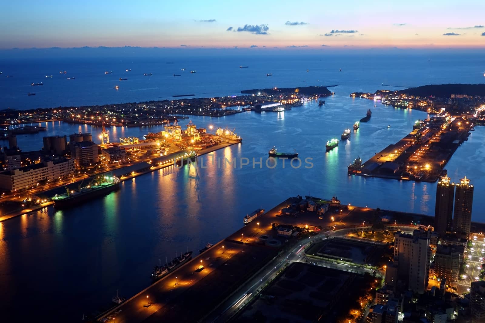 Panoramic view of Kaohsiung Port and Chijin Island at Dusk
