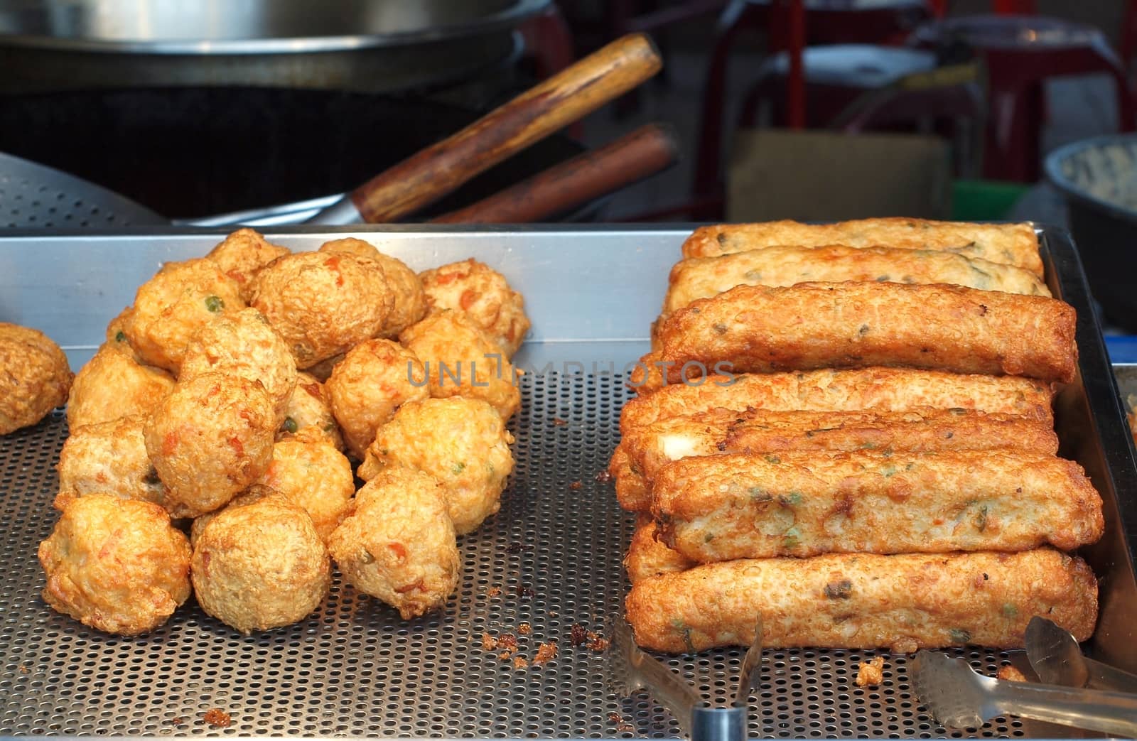 Deep fried fish sausages and fish balls, a popular Chinese street food