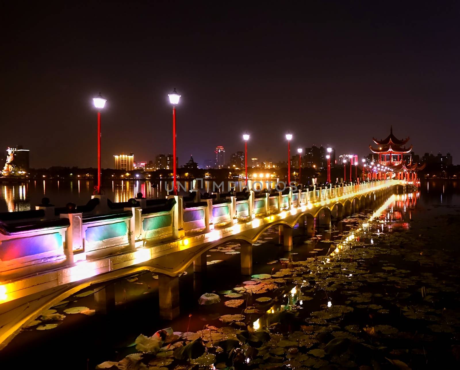 Night time view of the Five Li Pavilion at the Lotus Lake in Kaohsiung
