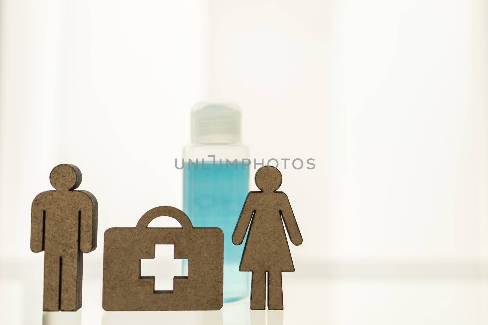 Healthcare,  Coronavirus (COVID-19) situation Cocept. Close up of wooden man and woman model and doctor bag with cross  icon with bottle of alcohol gel sanitizer and copy space.