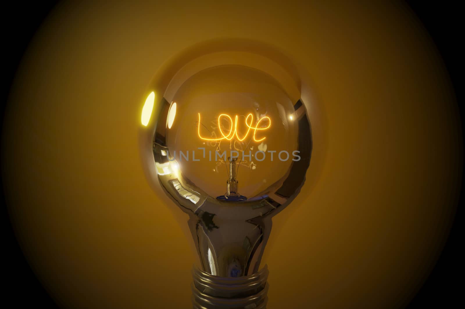 3D rendering background , Close up view, wording " love " glowing light bulb with warm background .  Concept love , valentineday , summer love