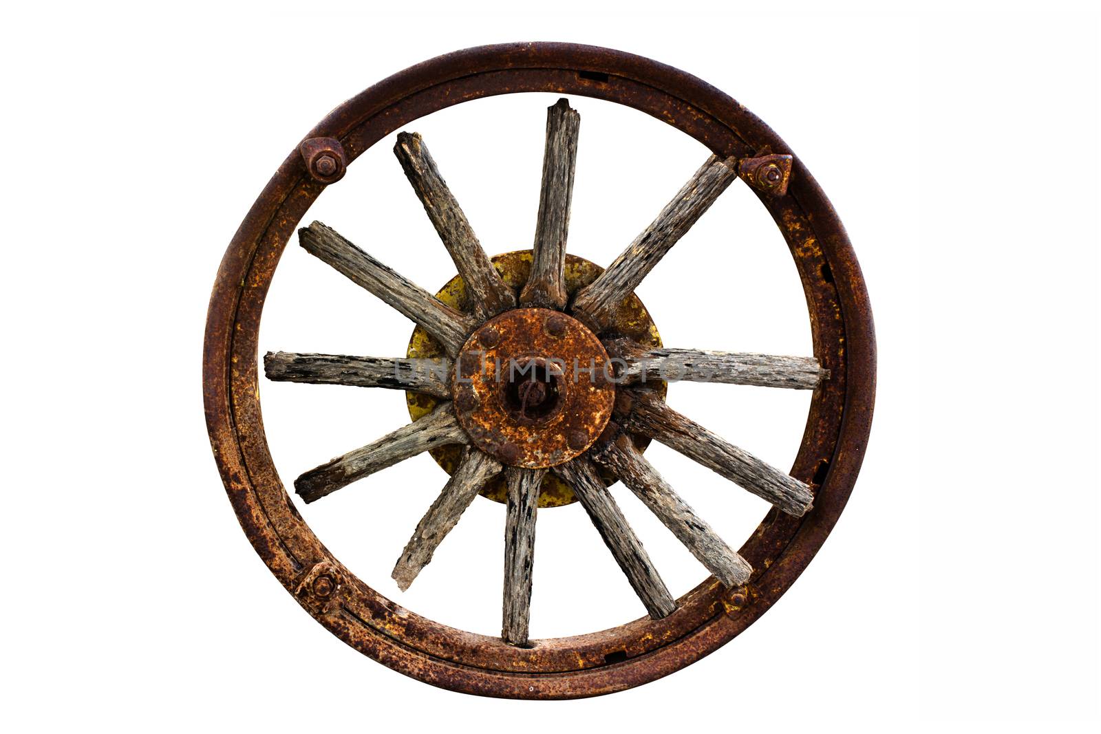Save selection to Clipping path Cart Wheel made of wood isolated background 
