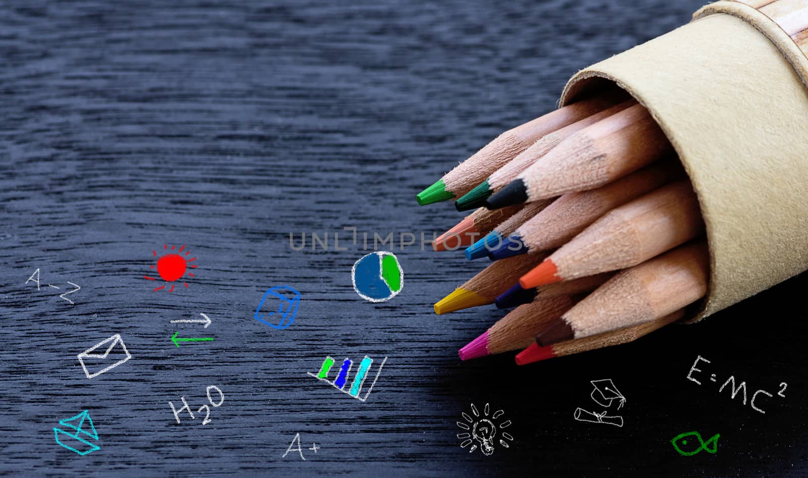Education concept, knowledge management, color pencil on blackboard