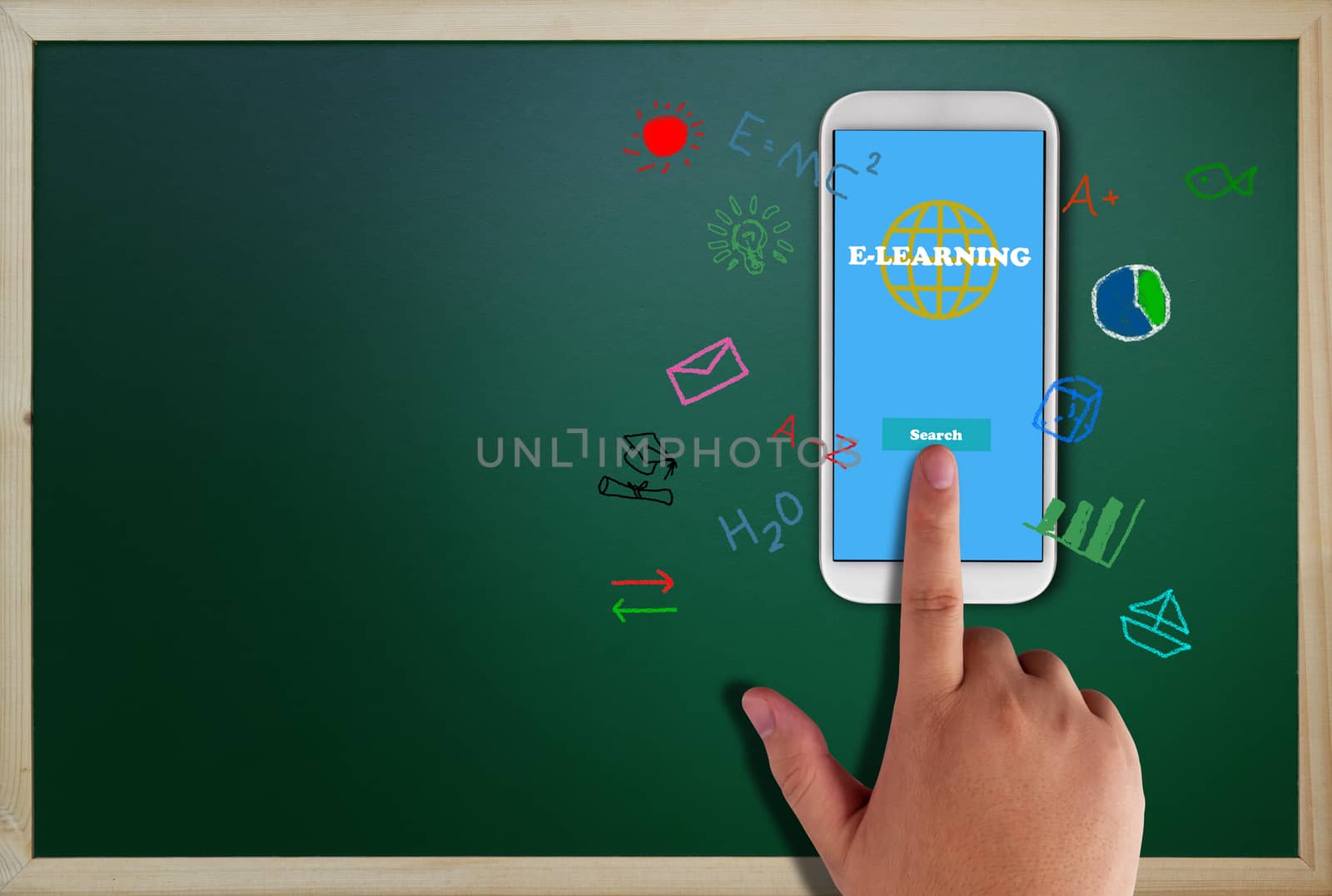 Education technology, online learning concept, hand and mobile phone on chalkboard background