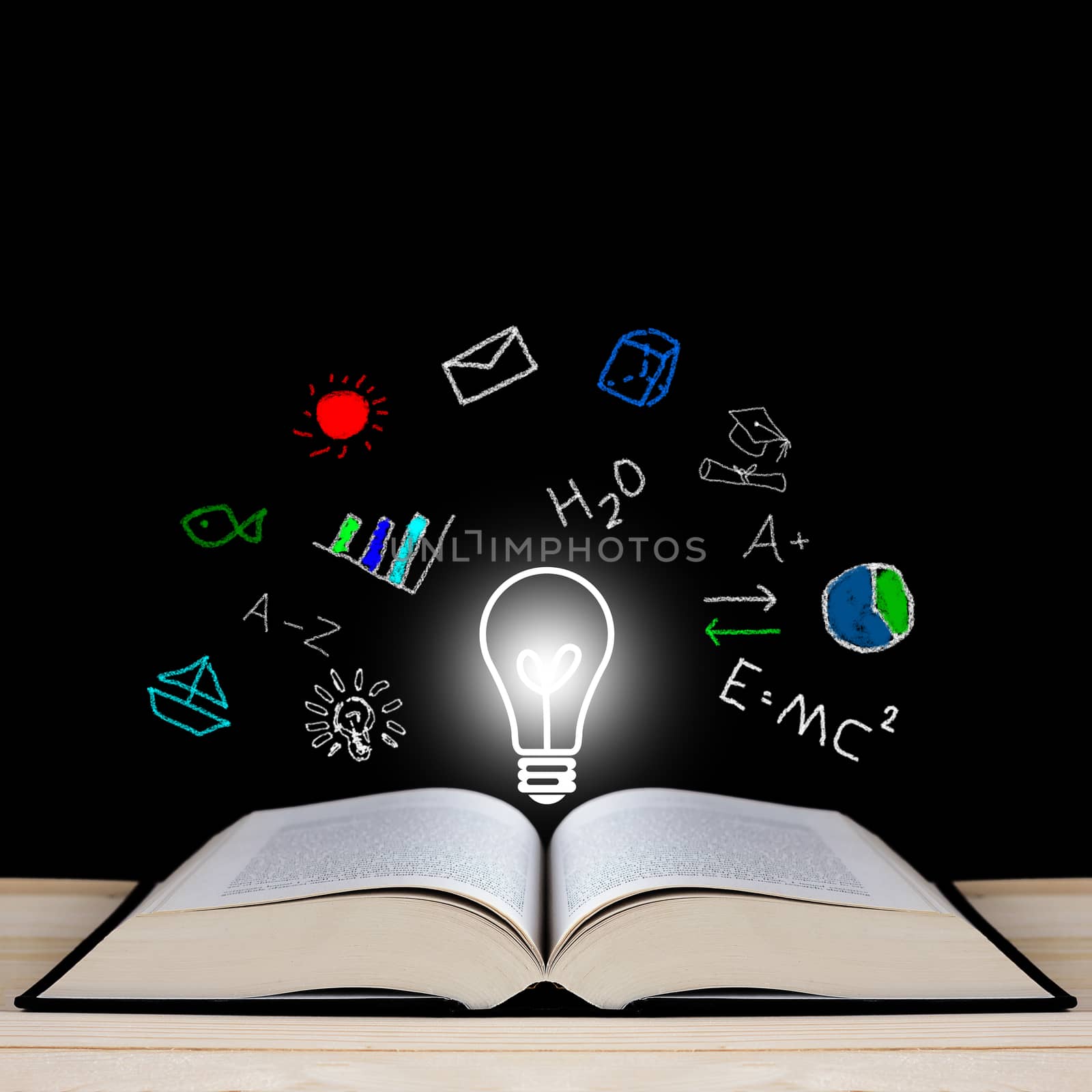 Knowledge management concept, open book on blackboard, copy space