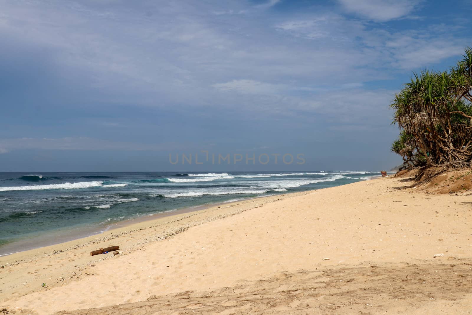Virgin beach with fine yellow sand on Bali island. Lonely tropical paradise with Nyang Nyang beach. Azure blue sky, sunny day. Wild waves are approaching the shore in rows. Sea foam in rolling waves.