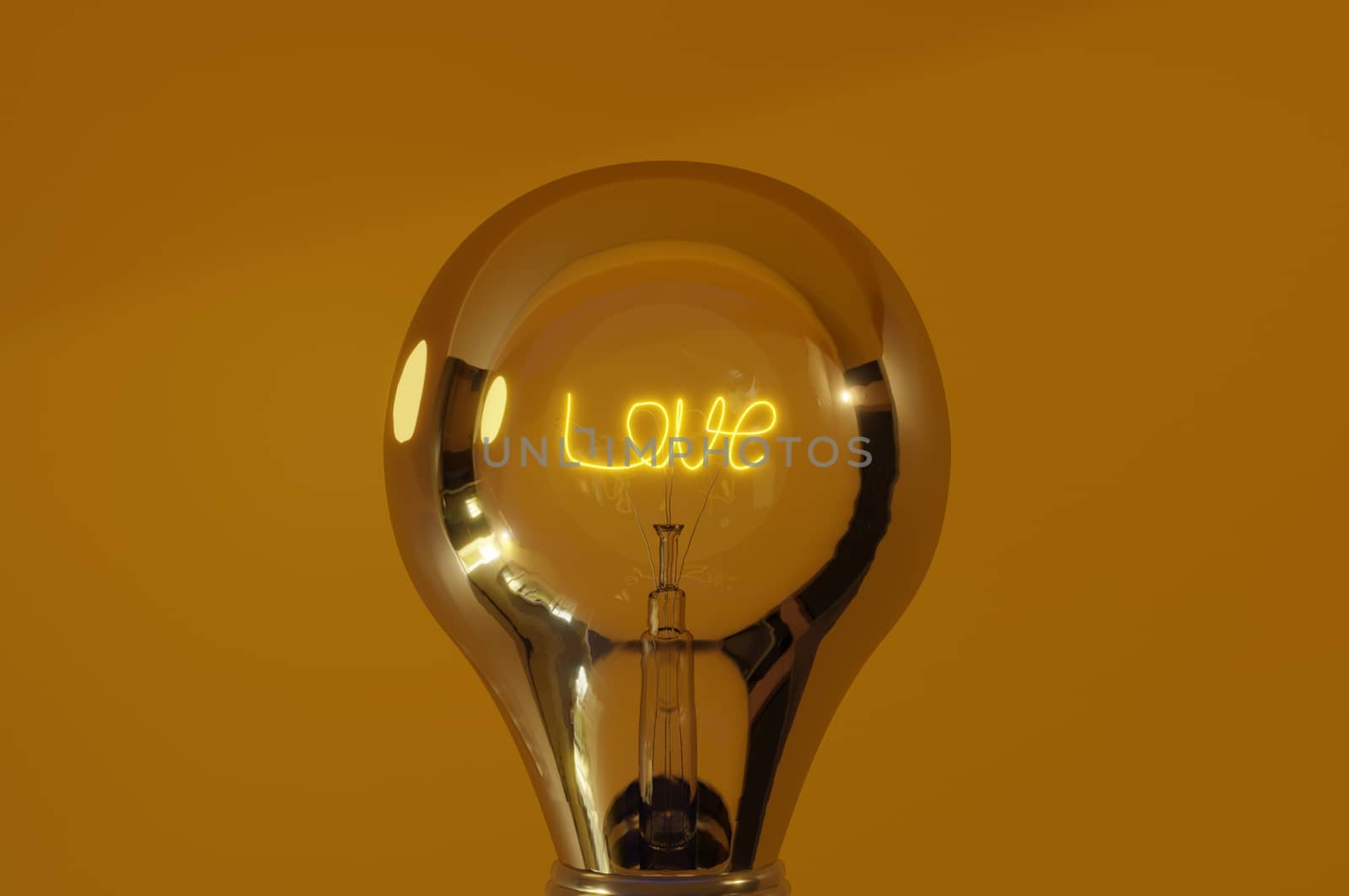 3D rendering background , Close up view, wording " love " glowing light bulb with warm background .  Concept love , valentineday , summer love