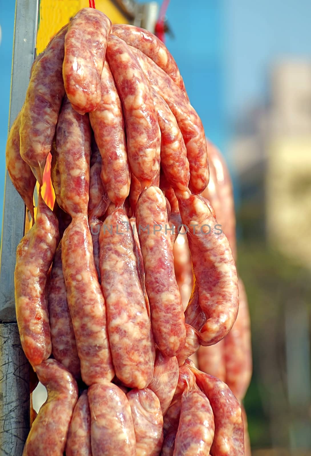 Handmade sausages at a local outdoor butcher
