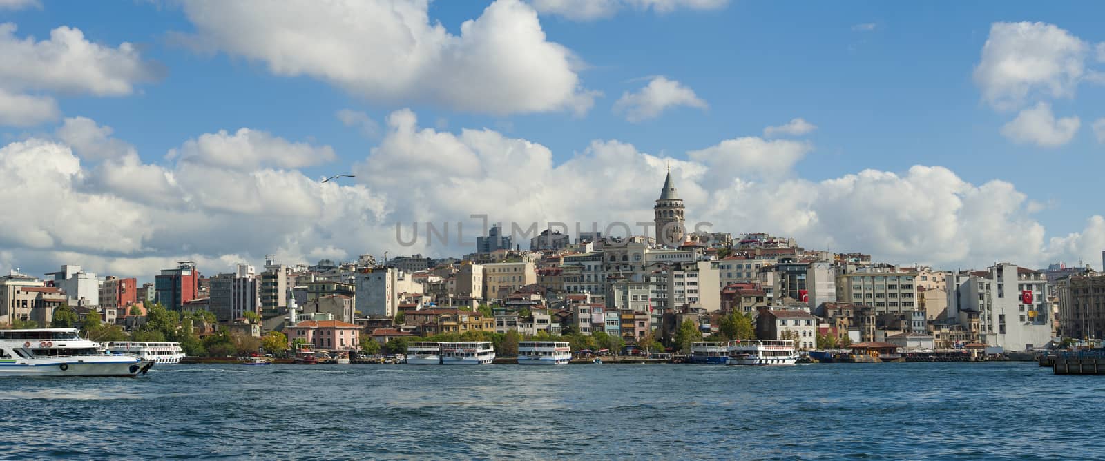 Panoramic cityscape over the Bosphorus River in Istanbul Turkey with a large residential area and Galata Tower