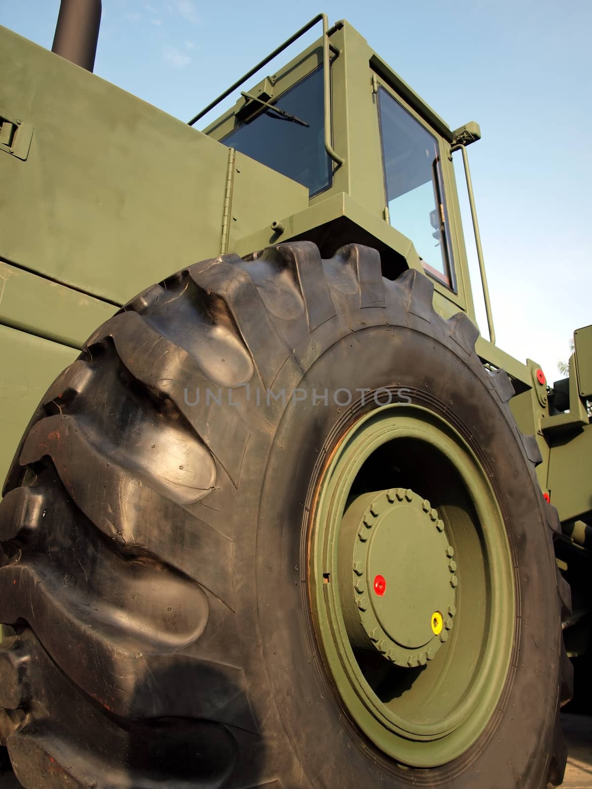 Massive tire of a military earth moving equipment vehicle
