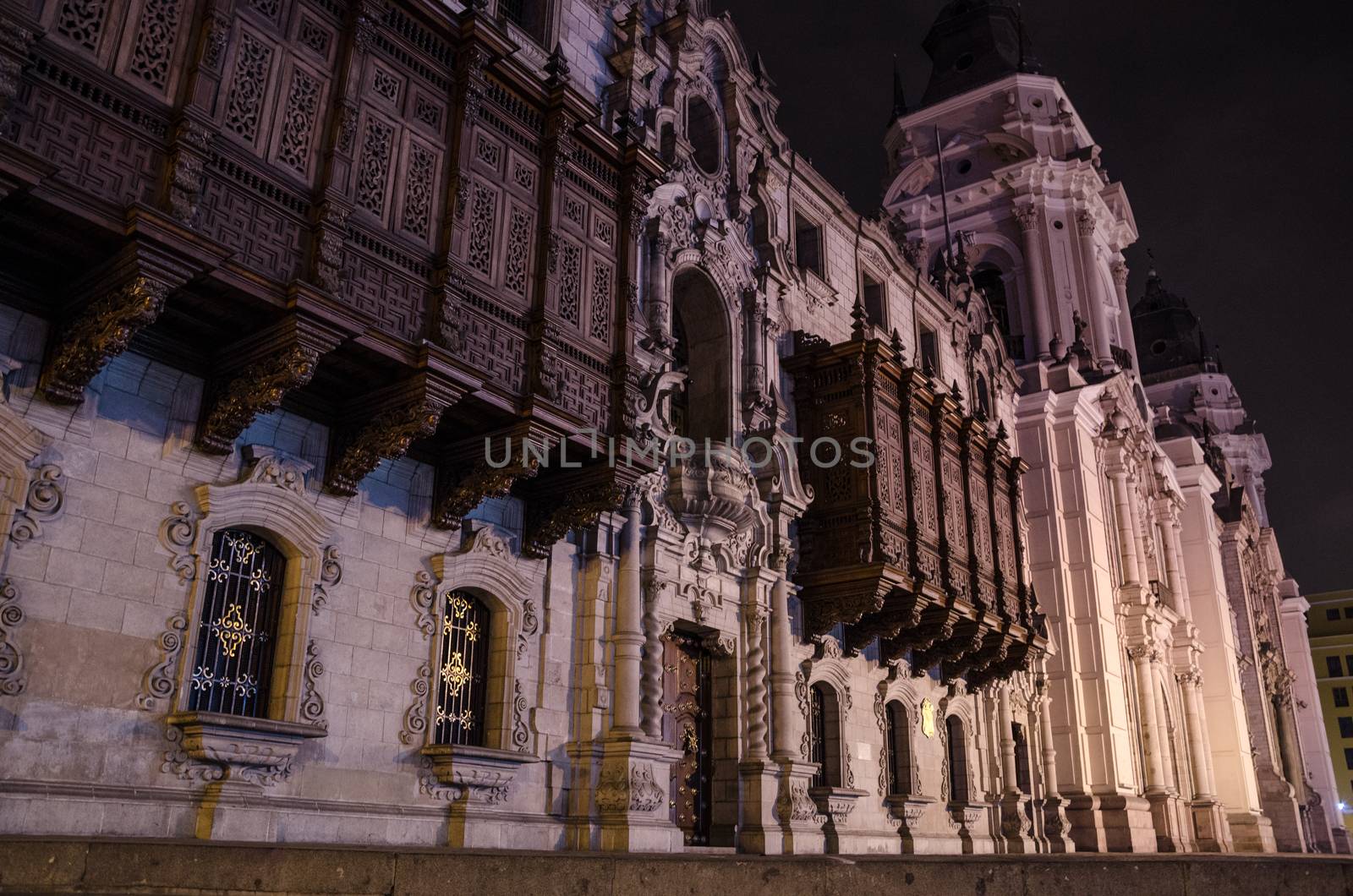 Facade of the Cathedral of Lima located in the Historic Center of the city in Peru