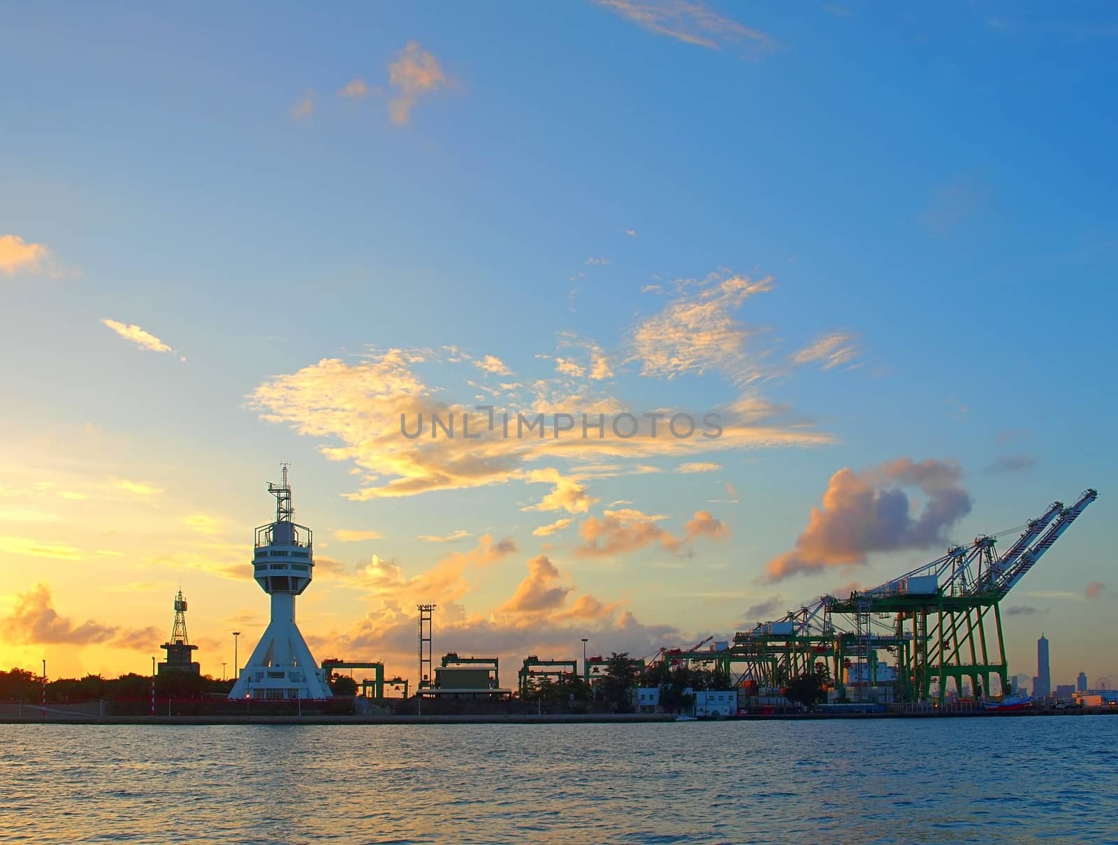 Beautiful view of the entrance to the container port of Kaohsiung at dusk