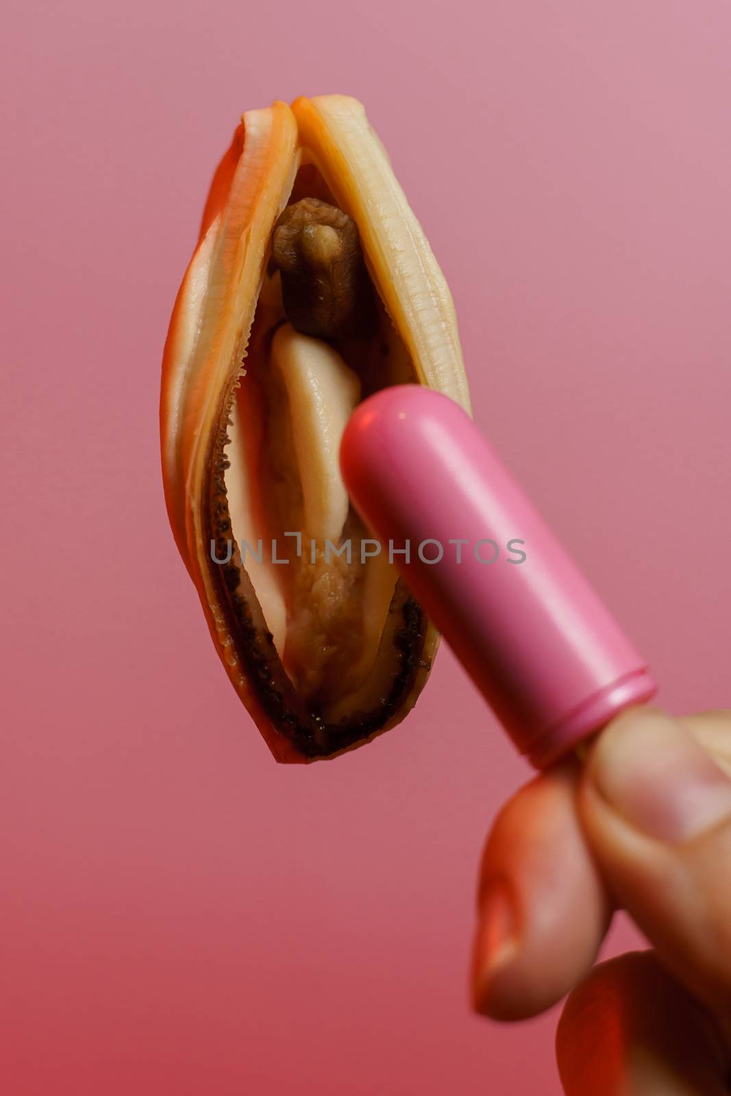 vagina symbol, mussel and pink vibrating sex toy on red background. Concept masturbation