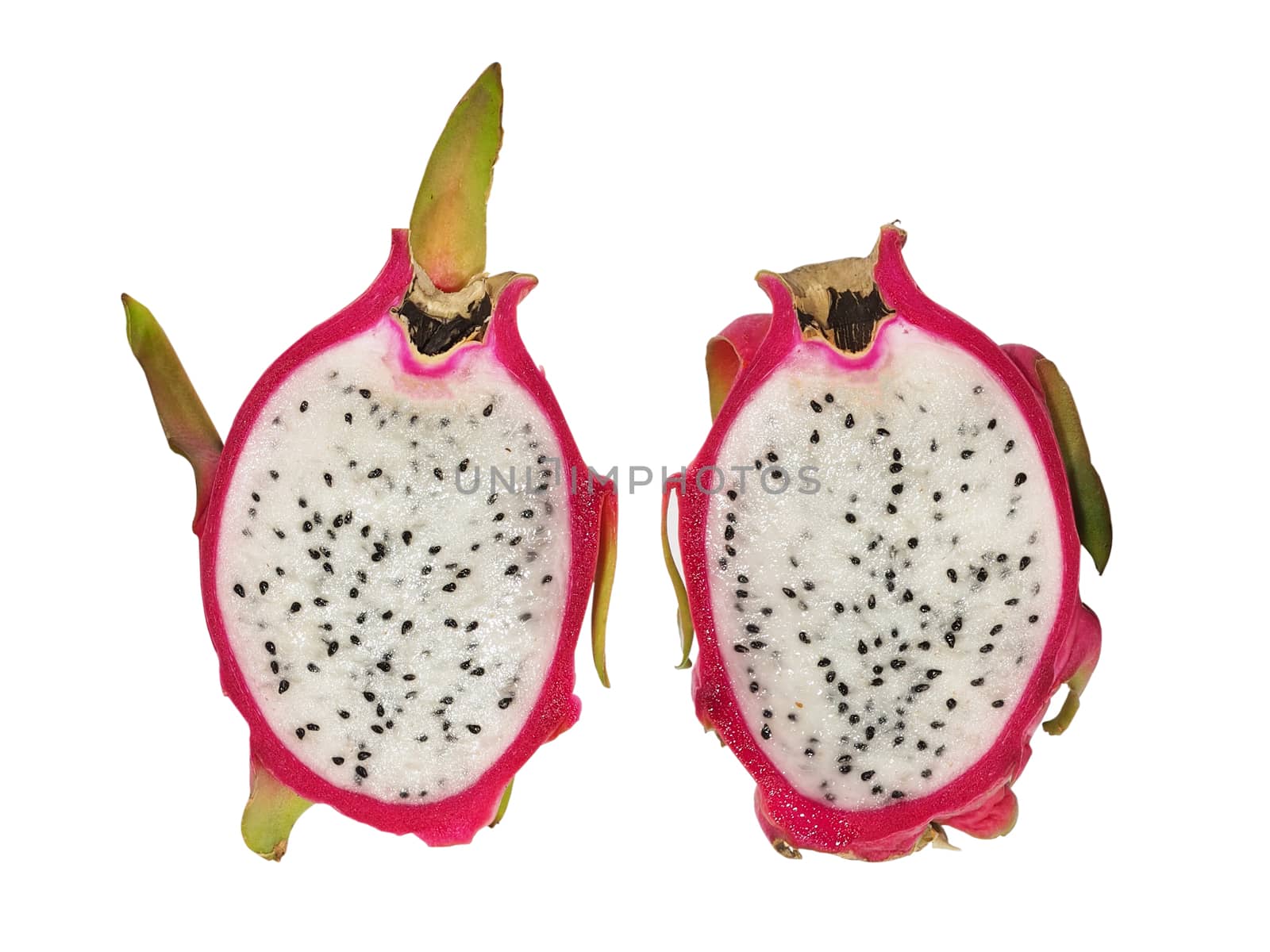 Halved dragon fruit, isolated on a white background with clipping path.
Suitable for use with graphics.
Health concept.